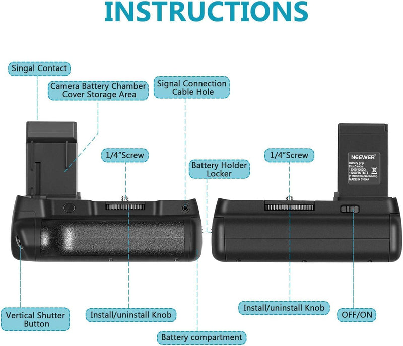 Neewer Vertikaler Akkugriff und LP-E10 Li-Ion-Ersatzakkus für Canon EOS 1100D / 1200D / 1300D / Rebe