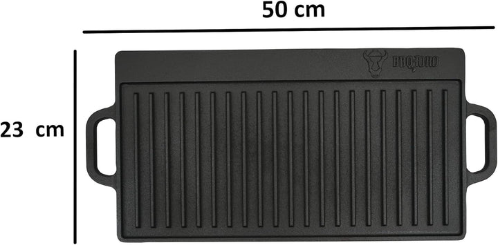 BBQ-Toro Gusseisen Grillplatte mit Griffen | 50 x 23 cm | Grillpfanne, beidseitig verwendbar | Recht