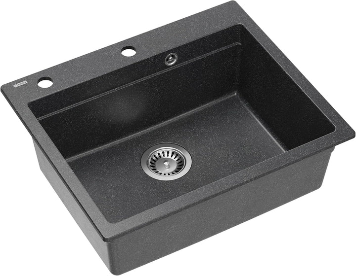 VBChome Set Spülbecken mit Armatur 60 x 50 cm Schwarz Spülmittelspender Siphon Matte Planke Granit S