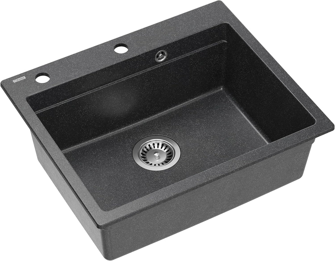 VBChome Set Spülbecken mit Armatur 60 x 50 cm Schwarz Spülmittelspender Siphon Matte Planke Granit S