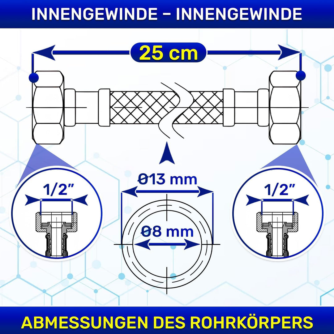 Flexibles Wasseranschluss 25 cm mit Edelstahlgewebe Innengewinde-Innengewinde 1/2” x 1/2” mit einem