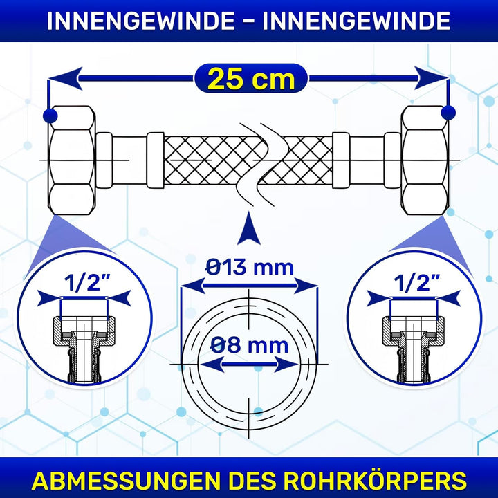 Flexibles Wasseranschluss 25 cm mit Edelstahlgewebe Innengewinde-Innengewinde 1/2” x 1/2” mit einem