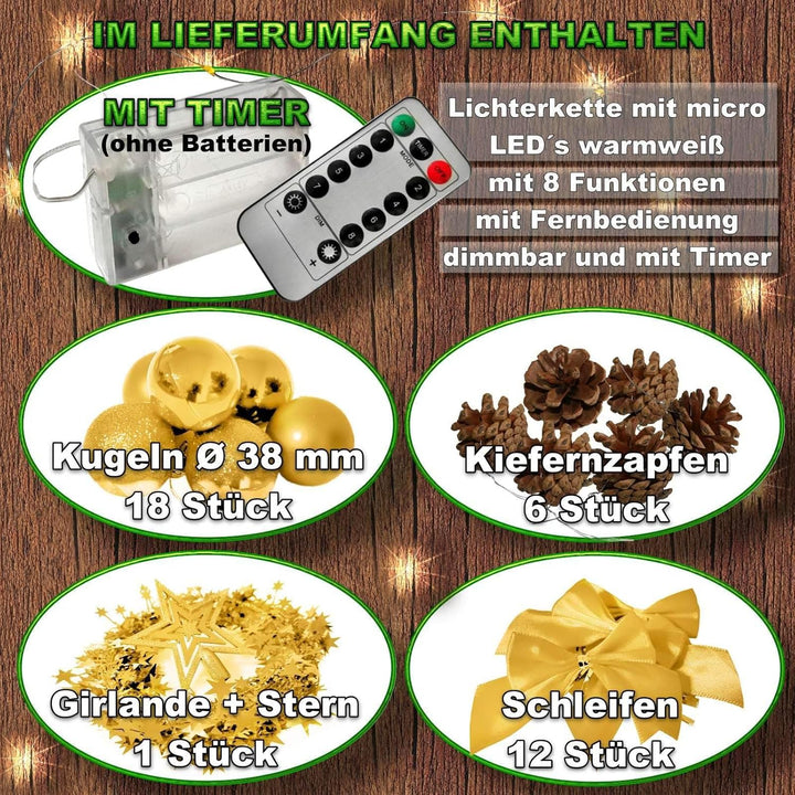 Weihnachtsbaum künstlich (WBD) 75 cm grün mit Weihnachtsdeko Gold und Led Lichterkette mit Batterieb