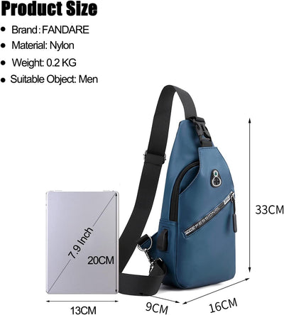 FANDARE Herren Brusttasche Sling Bag Umhängetaschen Schultertasche mit USB-Ladeanschluss Bauchtasche