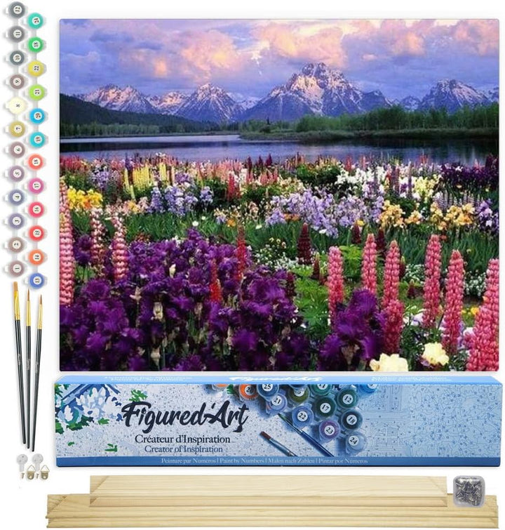 Figured'Art Malen Nach Zahlen Erwachsene Mit Rahmen Blumen und See am Fusse des Berges - Paint by Nu