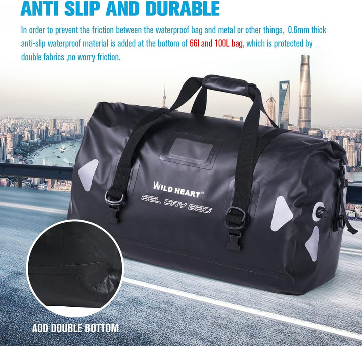 WILD HEART wasserdichte Reisetasche PVC500D Doppelboden mit Seil und Innentasche 40L 66L 100L Für Ka