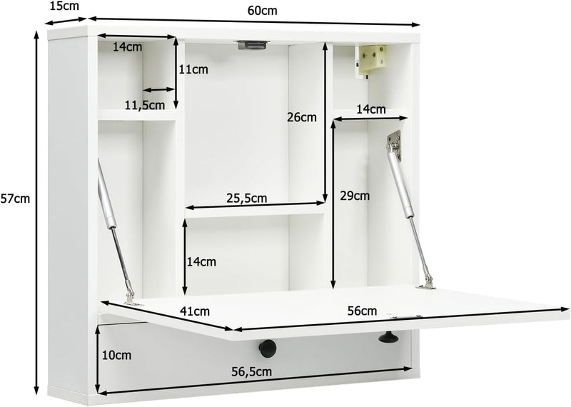 COSTWAY Wandklapptisch, Wandtisch mit Ablagefächern & Schublade, Klapptisch, klappbarer Computertisc