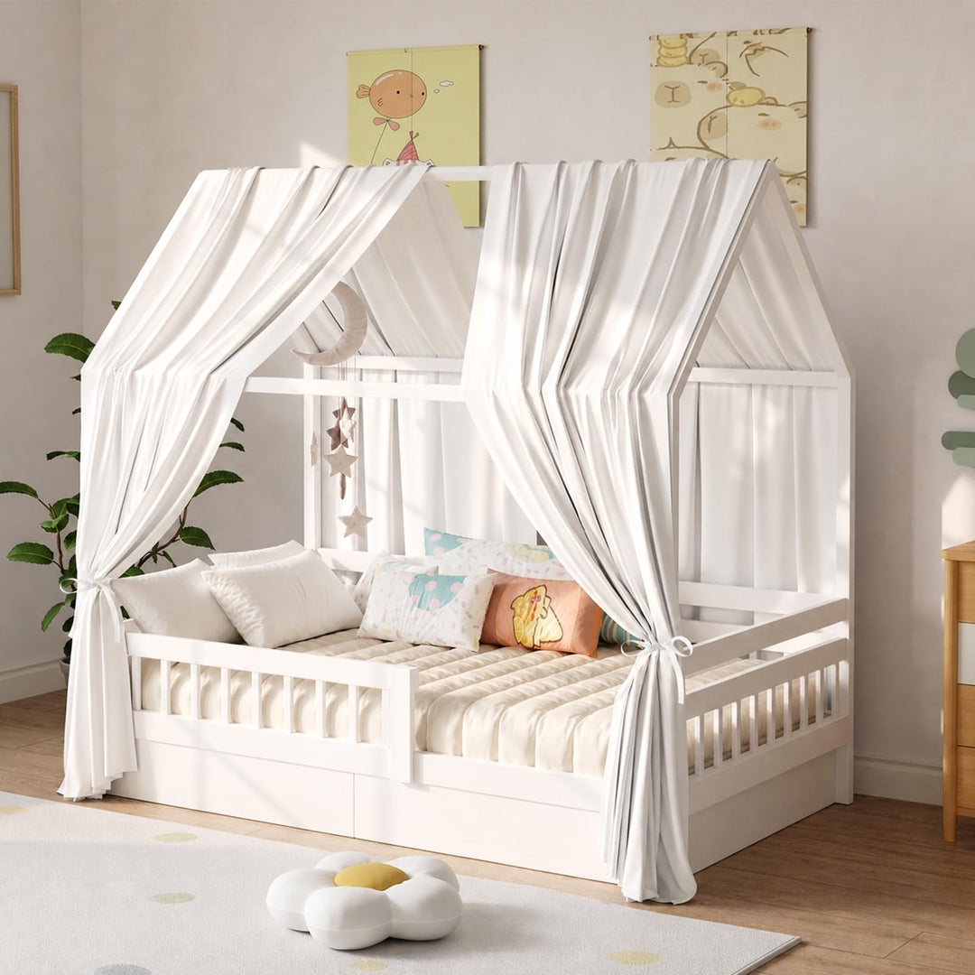 Hausbett Himmel, Betthimmel Hausbett Musselin mit 2 Stück Betthimmel, Stoffhimmel für Hausbetten Mäd