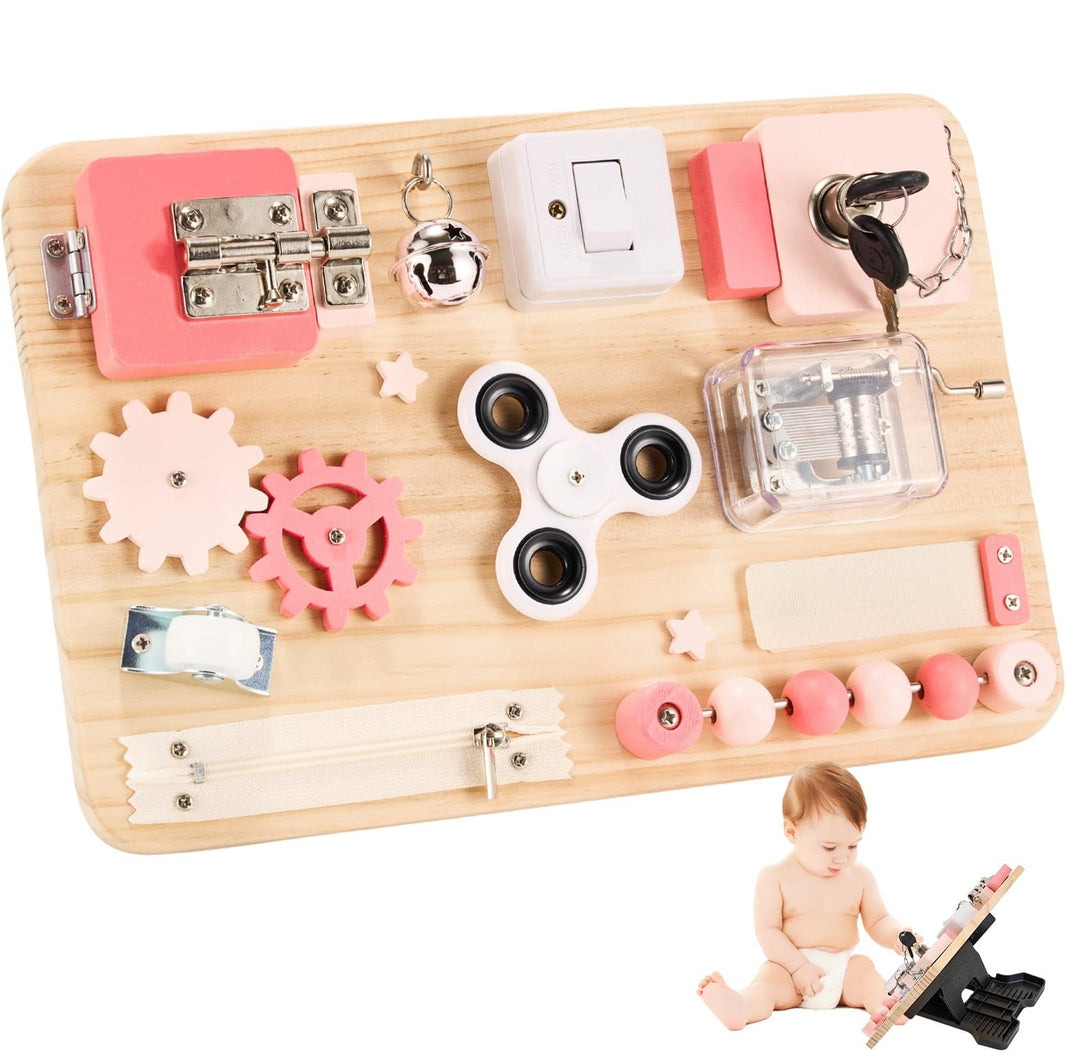 Holz Busy Board in Rosa – Montessori Spielzeug zur Förderung der Feinmotorik &amp; Sinne. Perfekt für Re