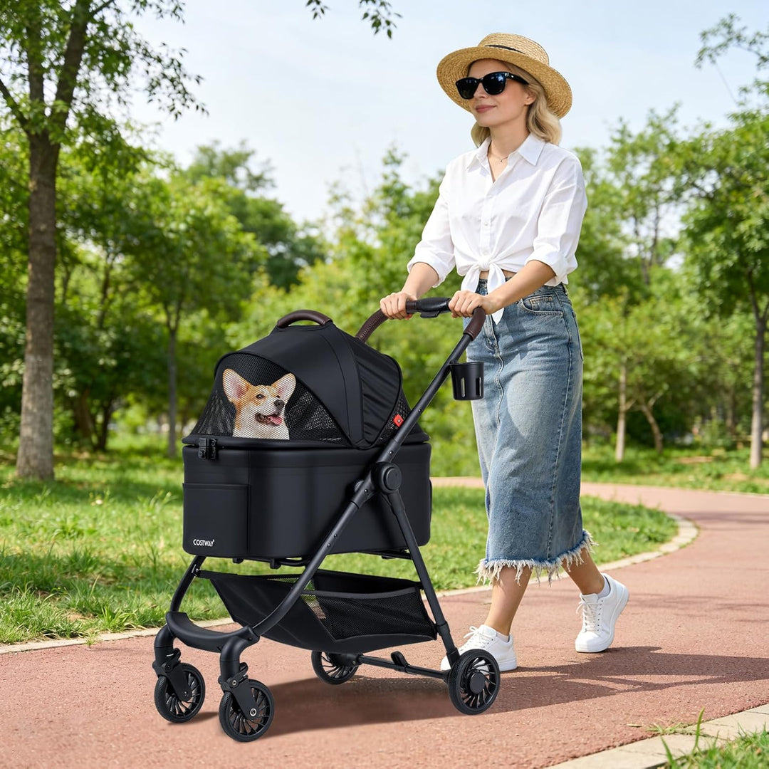 COSTWAY 3 in 1 Hundewagen, Hundebuggy mit verstellbarem Netzdach & Korb & Getränkehalter, Haustiere