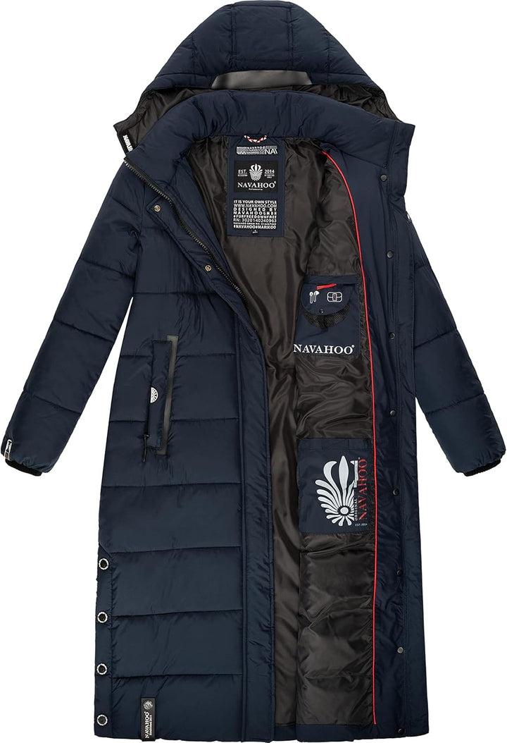 Navahoo Damen Wintermantel Warmer Steppmantel lang mit Abnehmbarer Kapuze Isalie XS-XXL L Navy, L Na