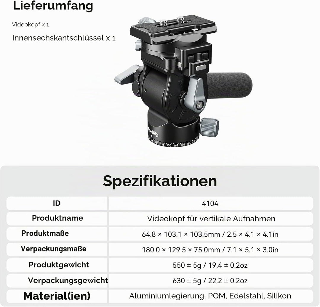 SMALLRIG Video Head Videokopf für Vertikale/Horizontale Aufnahmen, Tripod Stativ-Schwenk-Neige-Fluid