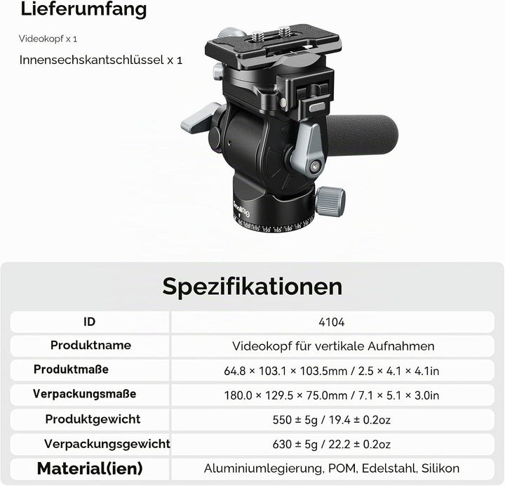 SMALLRIG Video Head Videokopf für Vertikale/Horizontale Aufnahmen, Tripod Stativ-Schwenk-Neige-Fluid