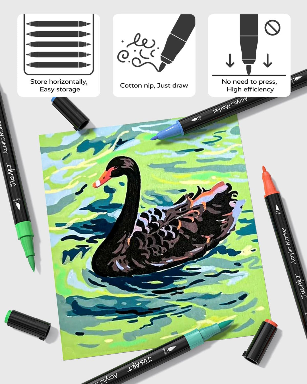 JusArt 48 Acrylstifte mit Doppelspitze, Pinsel und feine Spitze, Acrylic Marker Wasserfest, Premium-