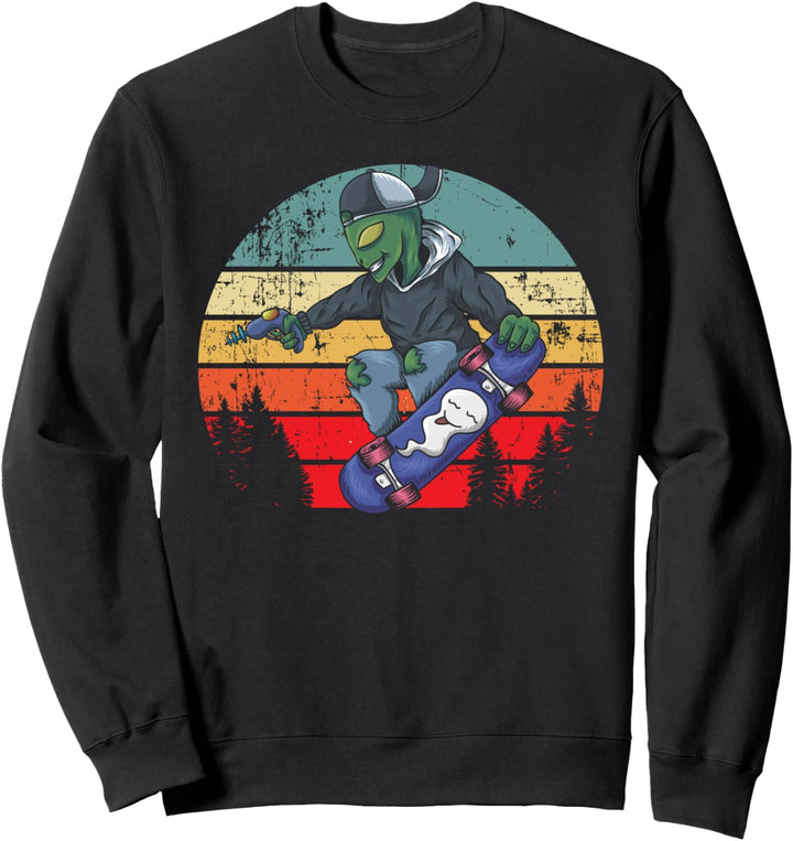 Alien riding Skateboard Retro Vintage Sunset Hip Sweatshirt