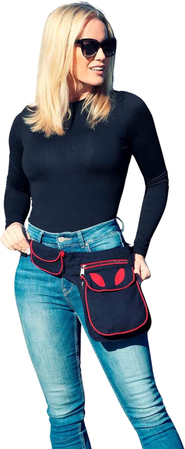 KUNST UND MAGIE Goa Schulter-Bauchtasche Gürteltasche Hippie Psy, Farbe:Schwarz/Rot Schwarz / Rot, S