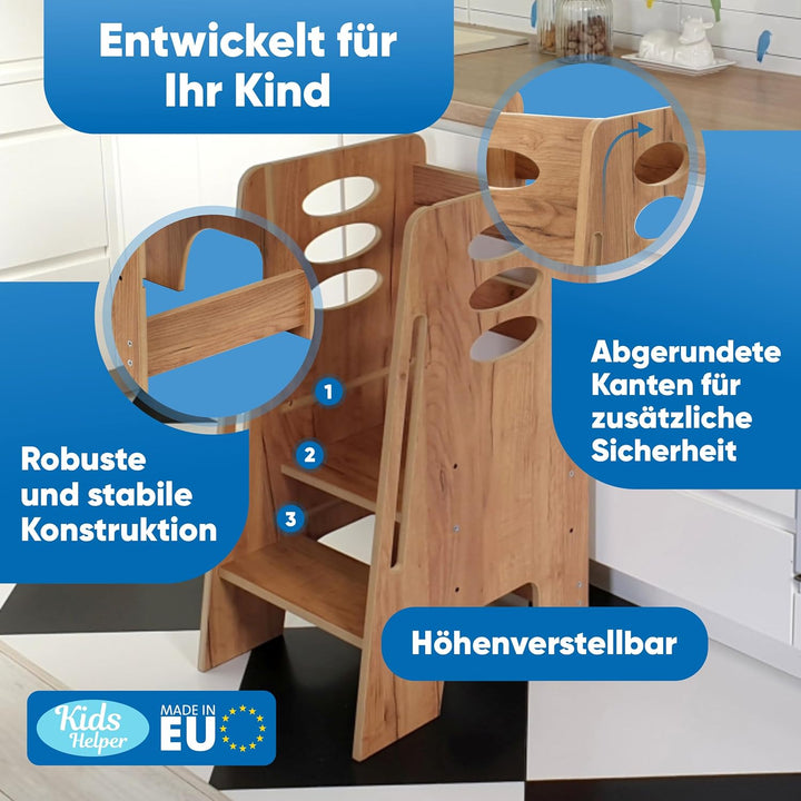 Kitchen Kids Helper Lernturm ab 1 Jahr - Höhenverstellbarer Lernturm Montessori Eiche 80cm - Sichere