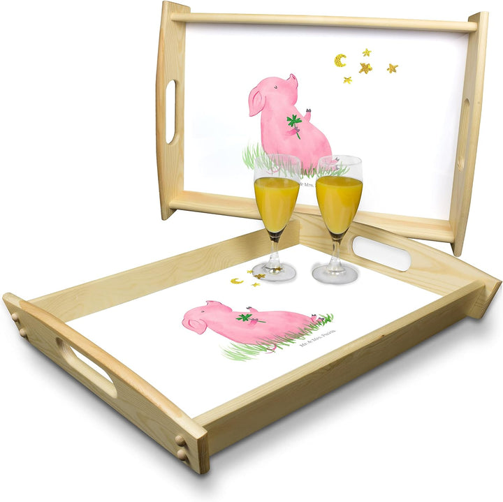 Mr. & Mrs. Panda Dekotablett Schwein Glück - Geschenk, Schweinchen, Frühstückstablett, Serviertablet