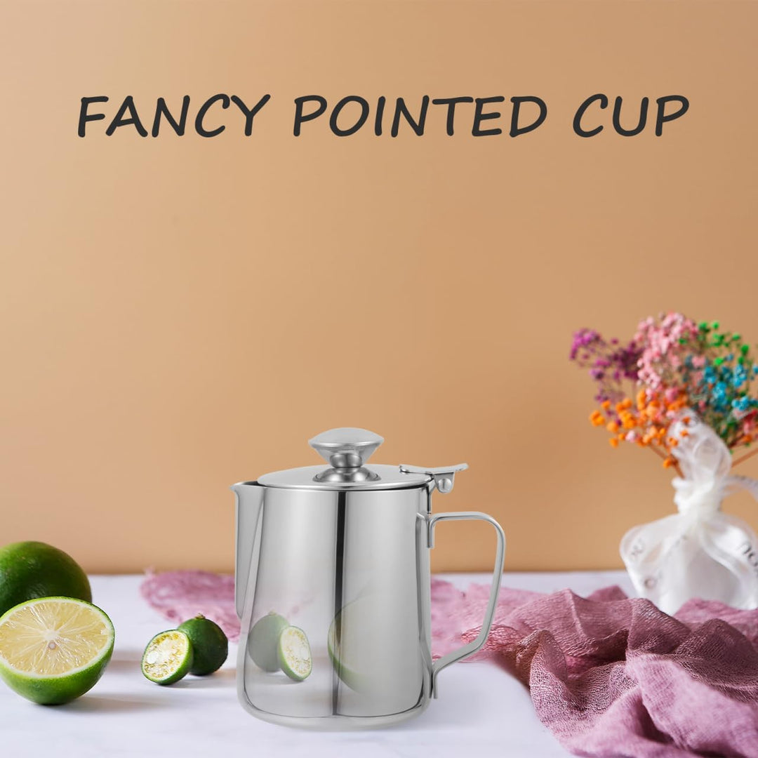 BESTonZON Milchkännchen Edelstahl Sahnekännchen mit Deckel 350 ML Aufschäumen Milch Kaffee Mokka Cap