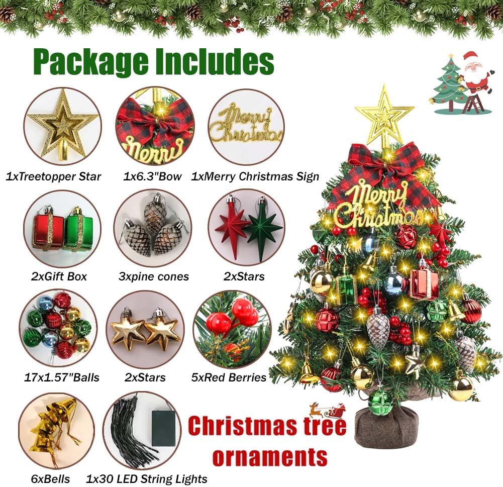 SVNVIOZ Mini 50 cm Weihnachtsbaum mit Dekoration, Rot Gold Weihnachtskugeln, Stern Baumspitze und we
