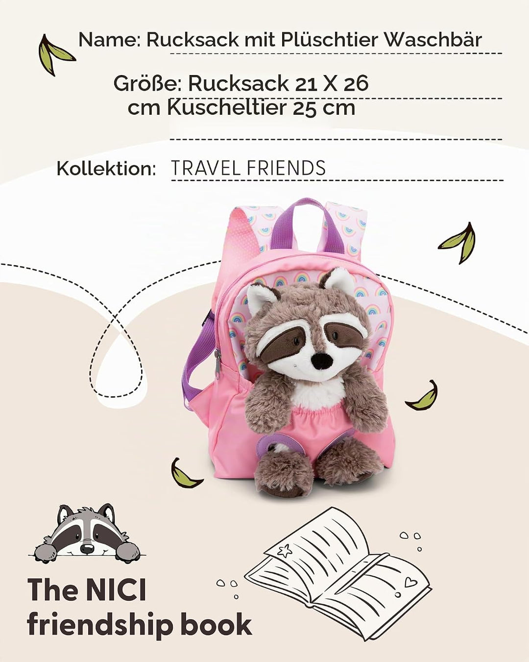 NICI Kinderrucksack rosa 2 in 1 mit Kuscheltier Waschbär 25cm - Kindergartenrucksack Mädchen &amp; Junge
