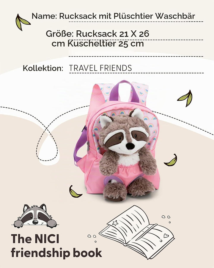 NICI Kinderrucksack rosa 2 in 1 mit Kuscheltier Waschbär 25cm - Kindergartenrucksack Mädchen &amp; Junge