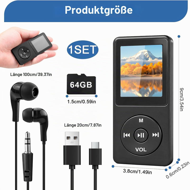MP3 Player Bluetooth 5.3 64 GB mit 1,8 Zoll TFT Farbdisplay, HiFi Musik Player mit Lautsprecher, Kop