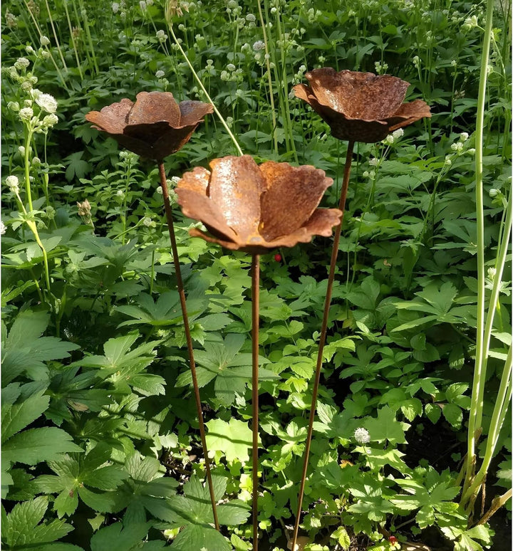3er Set Rost Gartenstecker Mohn offen 74 cm hoch