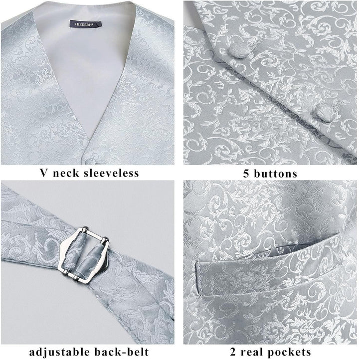 HISDERN Herren FLoral Hochzeit Weste Krawatte Einstecktuch Taschentuch Jacquard Weste Anzug Set XS S