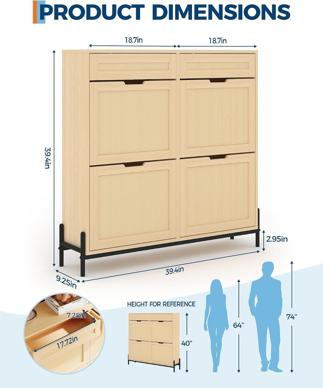 Garvee Rattan Schuhschrank, 4 Klapptüren mit verstellbaren Regalen | Schmaler Rattan Schuhschrank mi