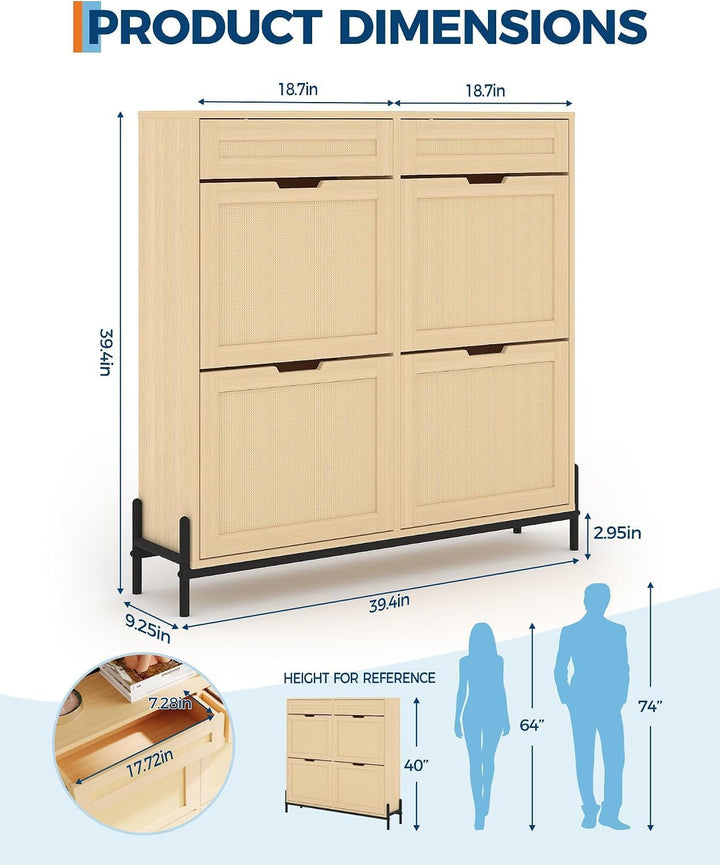 Garvee Rattan Schuhschrank, 4 Klapptüren mit verstellbaren Regalen | Schmaler Rattan Schuhschrank mi