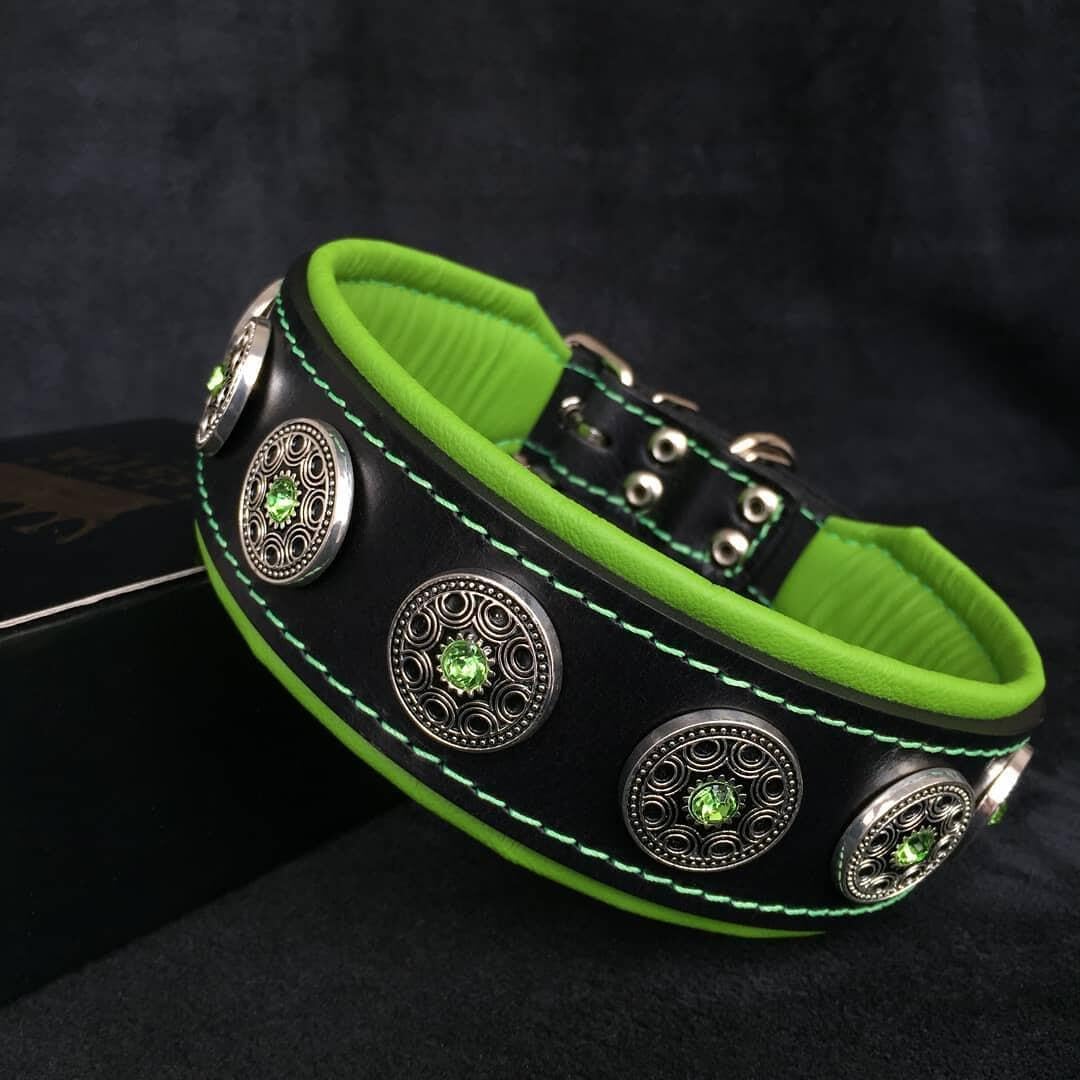 Bestia Bijou Hundehalsband mit Zierconchos. 100% Leder. Weich gepolstert. Handgefertigt in Europa! S
