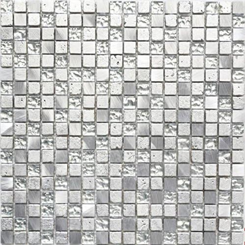 Mosaik Quadrat Crystal/Alu/Resin mix silber Aluminium Metall, Mosaikstein Format: 15x15x8 mm, Bogeng