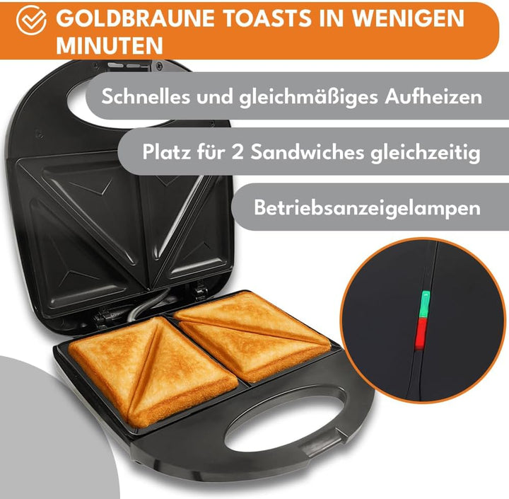 Sandwich Maker – 1000W Sandwich Toaster 2 Scheiben mit Antihaftbeschichtung, Wärmeisoliertem Griff &