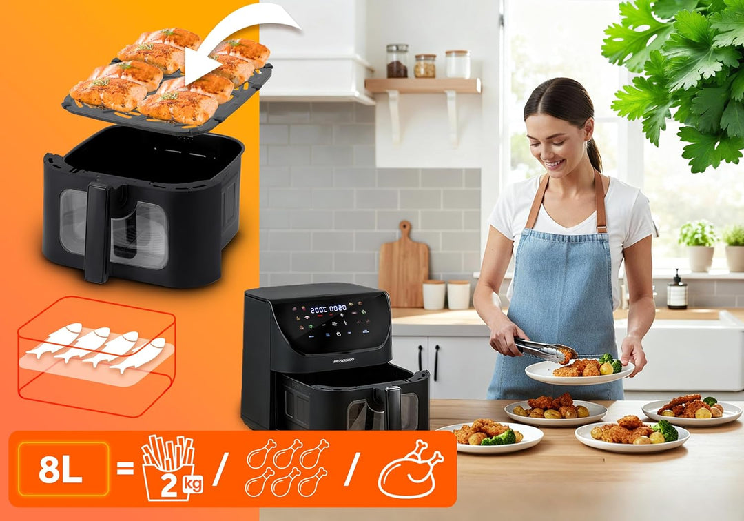 Berdsen Heissluftfritteuse XXL 8L - Airfryer mit Sichtfenster und Touchscreen - 1700W - 12 Programme