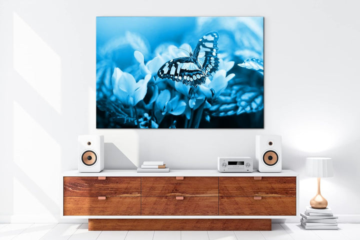 deyoli Pinker Schmetterling Format 80x60 Effekt: Monocrome Blau als Leinwandbild, Motiv fertig gerah