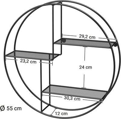 SONGMICS Wandregal aus Metall, rundes Schweberegal mit 3 Gitterablagen, mit 2 Schrauben, 55 x 12 cm