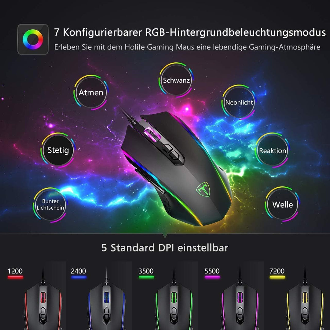 RGB Gaming Maus,Vollion Gamer Maus mit 8 Programmierbare Tasten 7200DPI/RGB-Beleuchtung/Anpassbare S