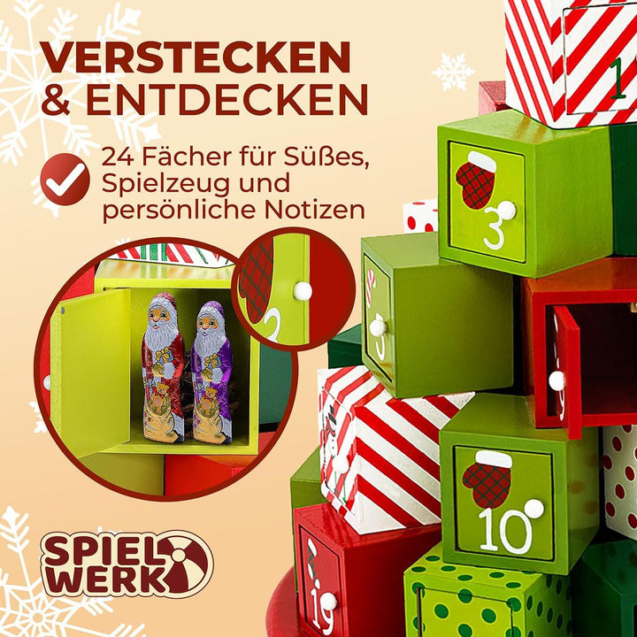 Spielwerk® Wiederverwendbarer Adventskalender Geschenleberg zum Befüllen 24 Türchen Bunt Bemalt Weih