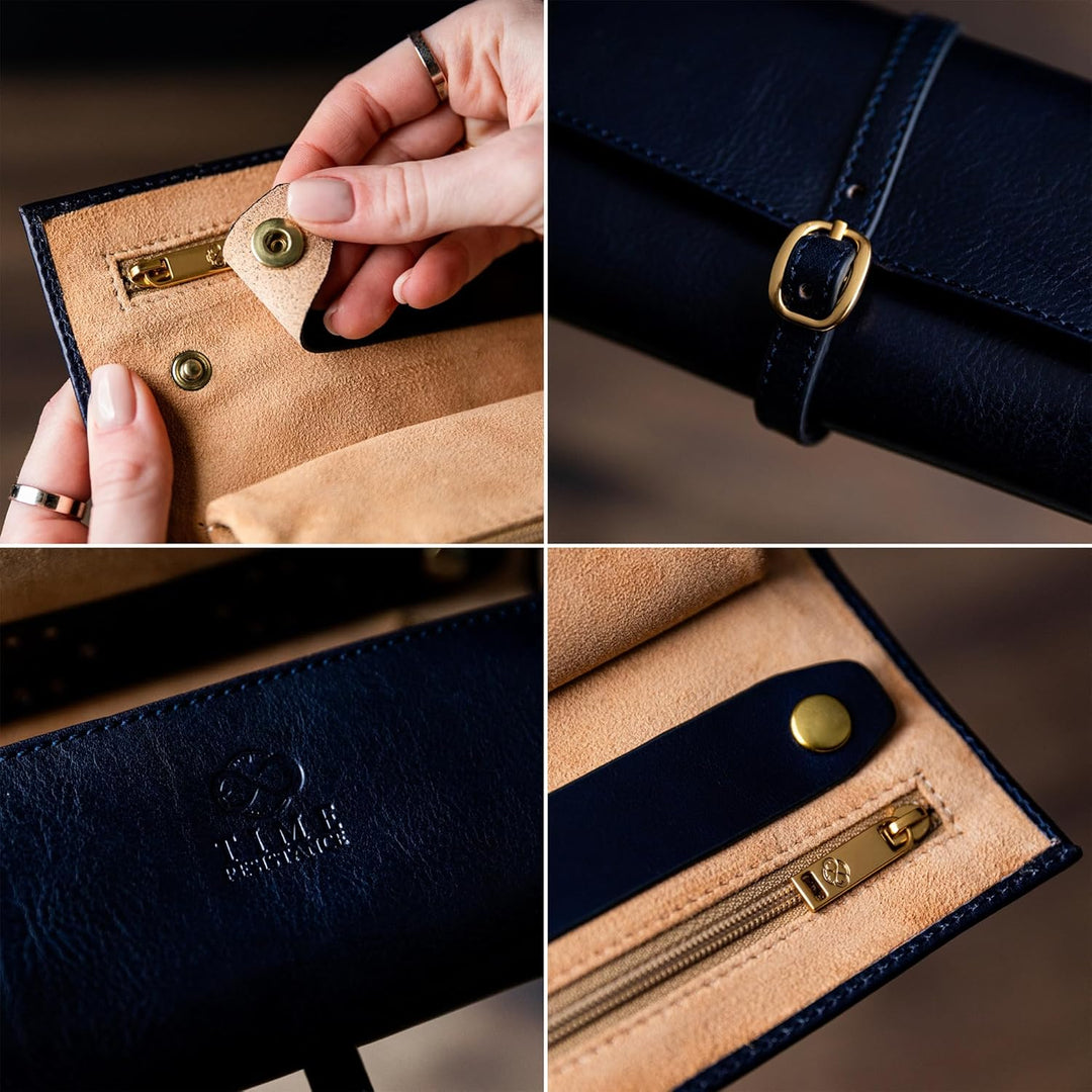 Time Resistance Blau Leder Schmuck Organizer – 100% Leder Schmuckrolle für Reisen Hergestellt in Ita