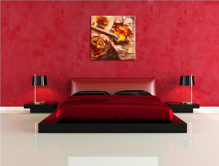 Zigarre auf Whiskeyglas, Format: 70x70 auf Leinwand, XXL riesige Bilder fertig gerahmt mit Keilrahme