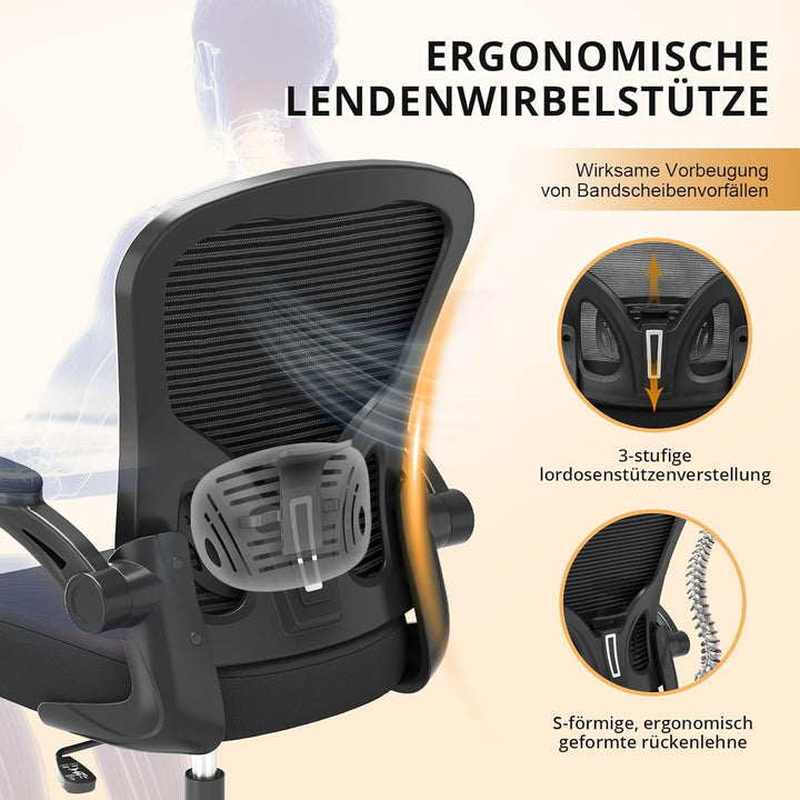 Synorla Bürostuhl Ergonomisch, Schreibtischstuhl mit Tragkraft 150 KG und 90° Hochklappbare Armlehne