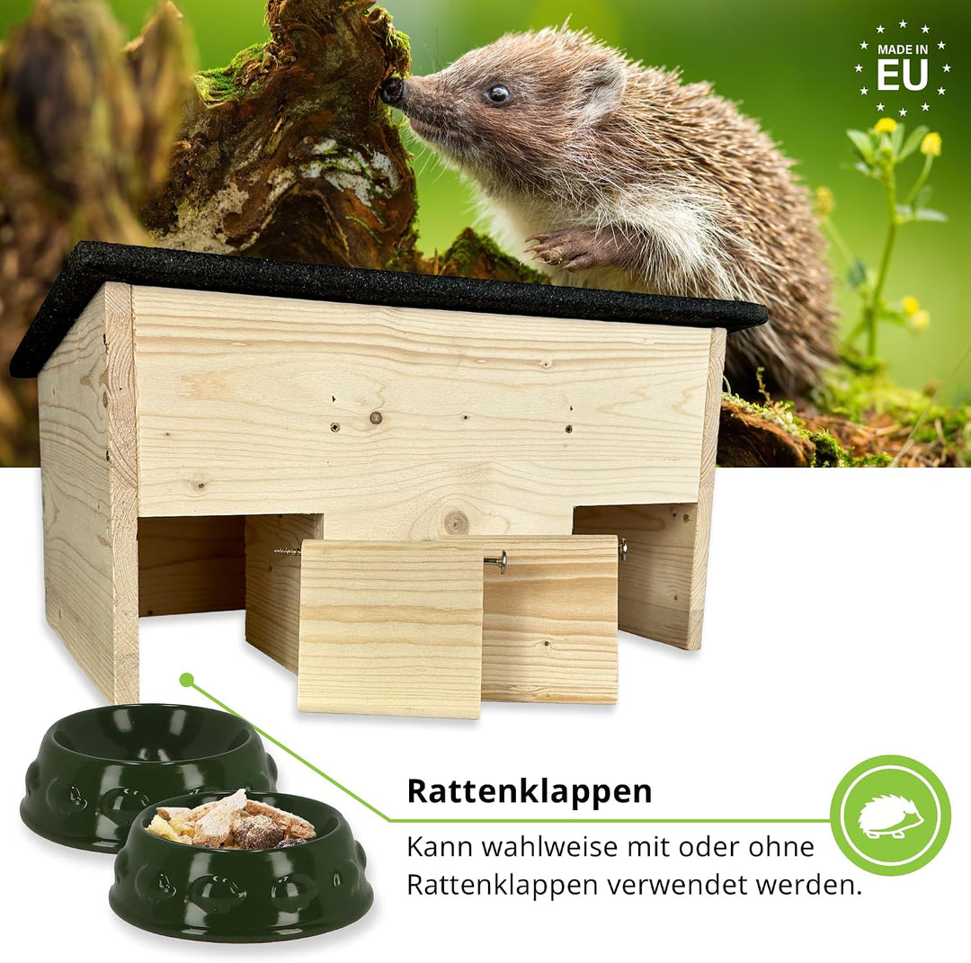 GARTENETAGE Igel-Futterhaus aus Holz mit Rattenklappen &amp; 2er Schalen-Set – Wetterfeste Futterstation