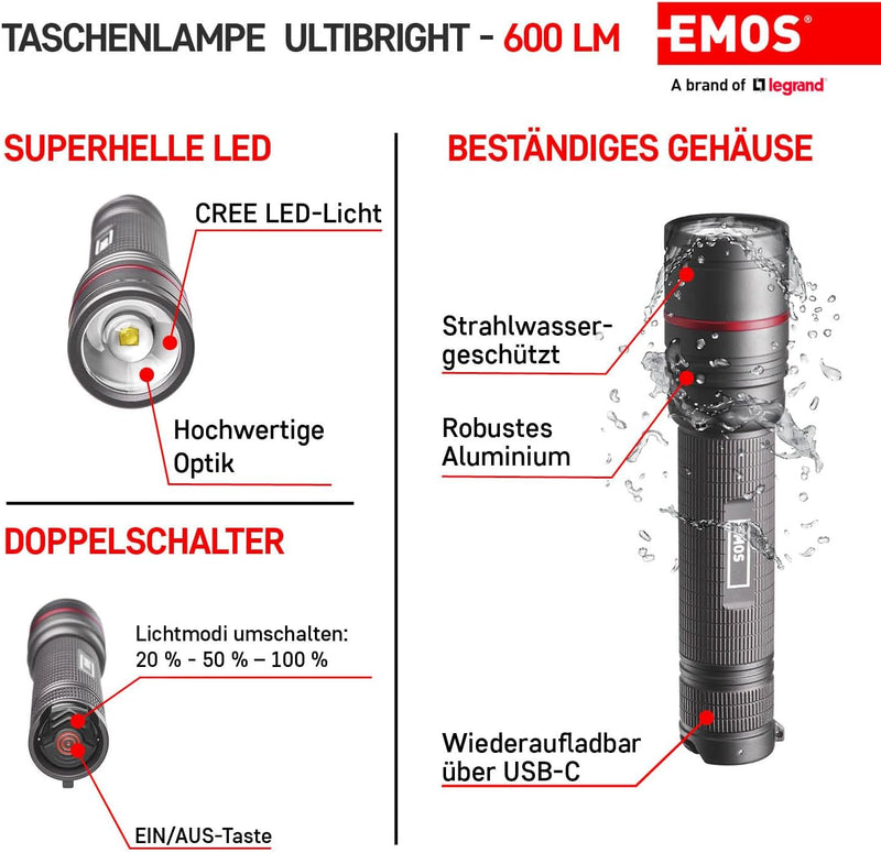 EMOS aufladbare Metall-Taschenlampe mit Fokus, superhelle 600 lm CREE-LED taktische Handlampe mit 23