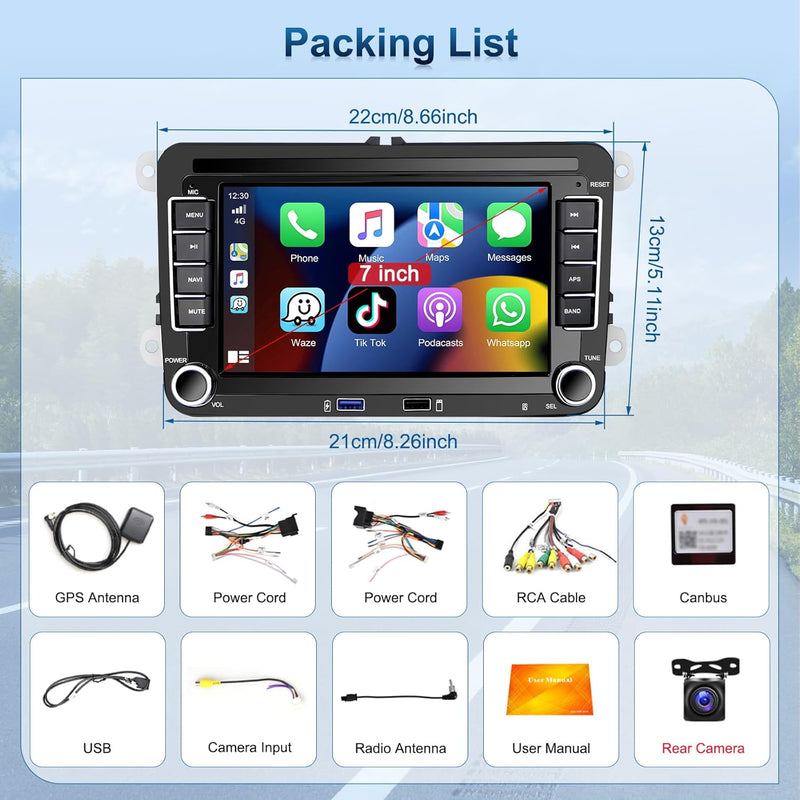 Podofo Autoradio für VW Golf 5 6 Polo Seat Skoda Radio mit Wireless Carplay Android Auto, 1+32G 7 Zo
