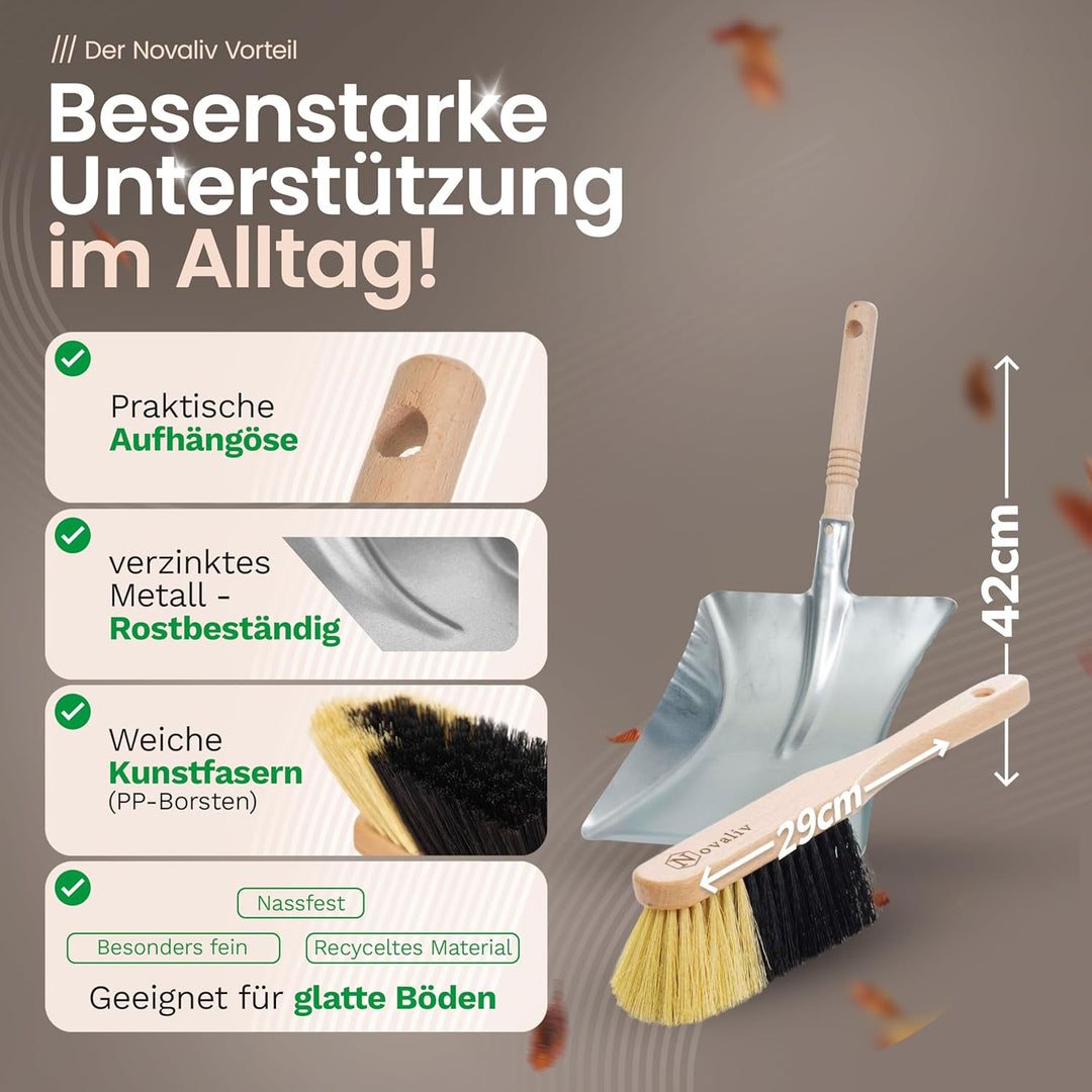 Novaliv Besen Set I Kehrgarnitur Zimmerbesen mit Teleskopstiel Kehrblech I feine Kunstborsten I Hand