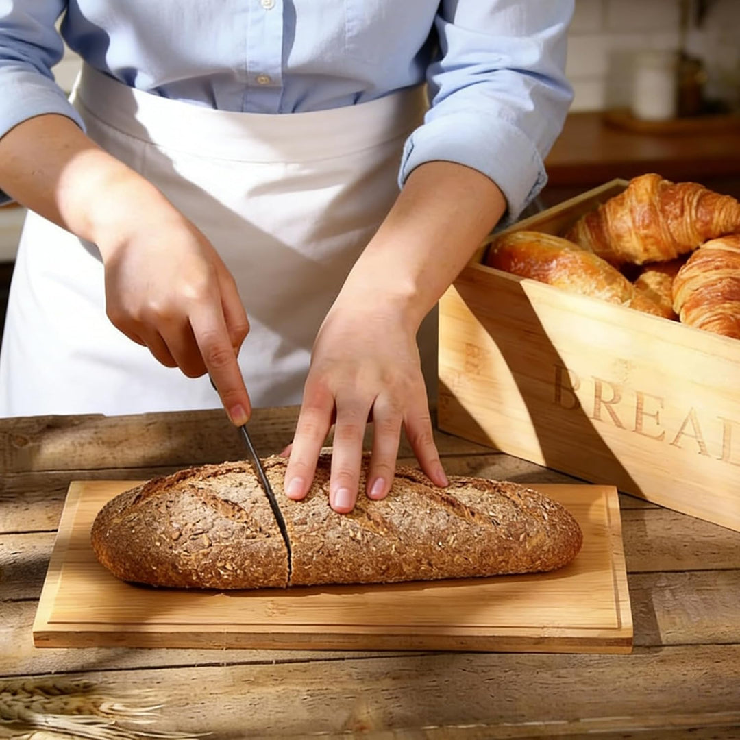 BAIFULAI Bambus Brotkasten: 33 x 19 x 13.5 cm Brotbox mit Leinenbeutel und mit Holzdeckel als Schnei