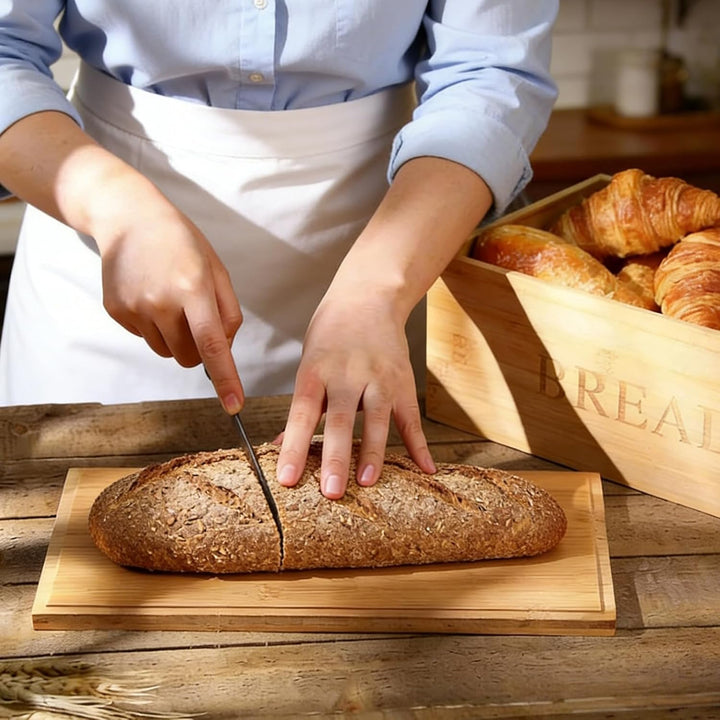 BAIFULAI Bambus Brotkasten: 33 x 19 x 13.5 cm Brotbox mit Leinenbeutel und mit Holzdeckel als Schnei