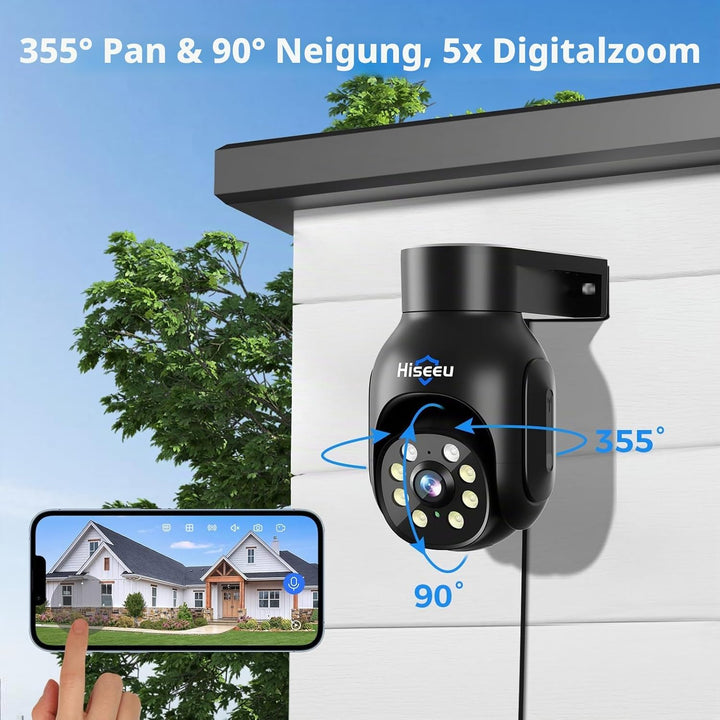 Hiseeu 5 MP Überwachungskamera Aussen-WLAN mit automatischer Verfolgung, 350°/90° schwenkbar, Farbna