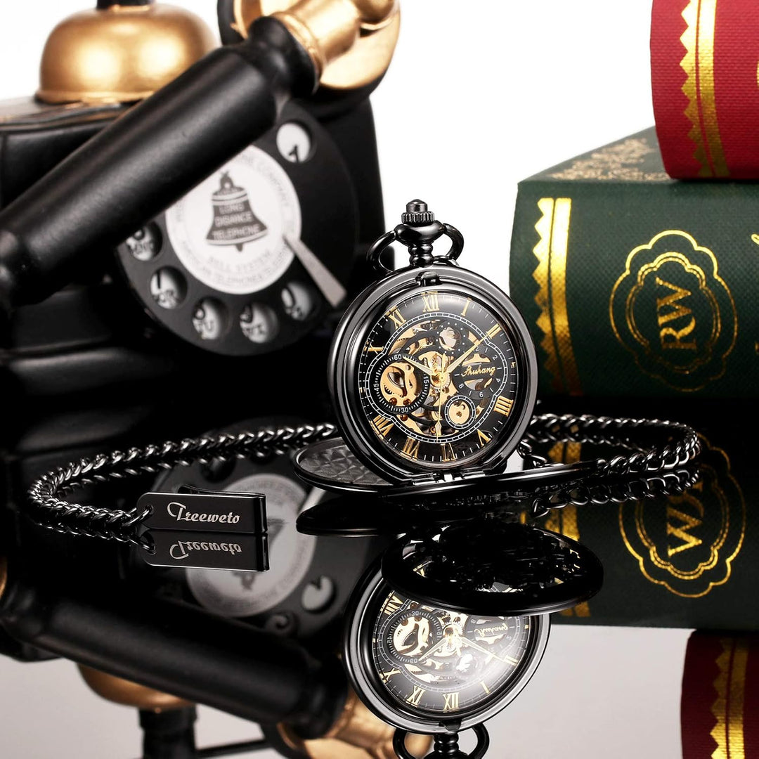 TREEWETO Unisex Taschenuhr Mechanisch Doppelter Abdeckung Vogelschild Skelett Steampunk Für Herren D